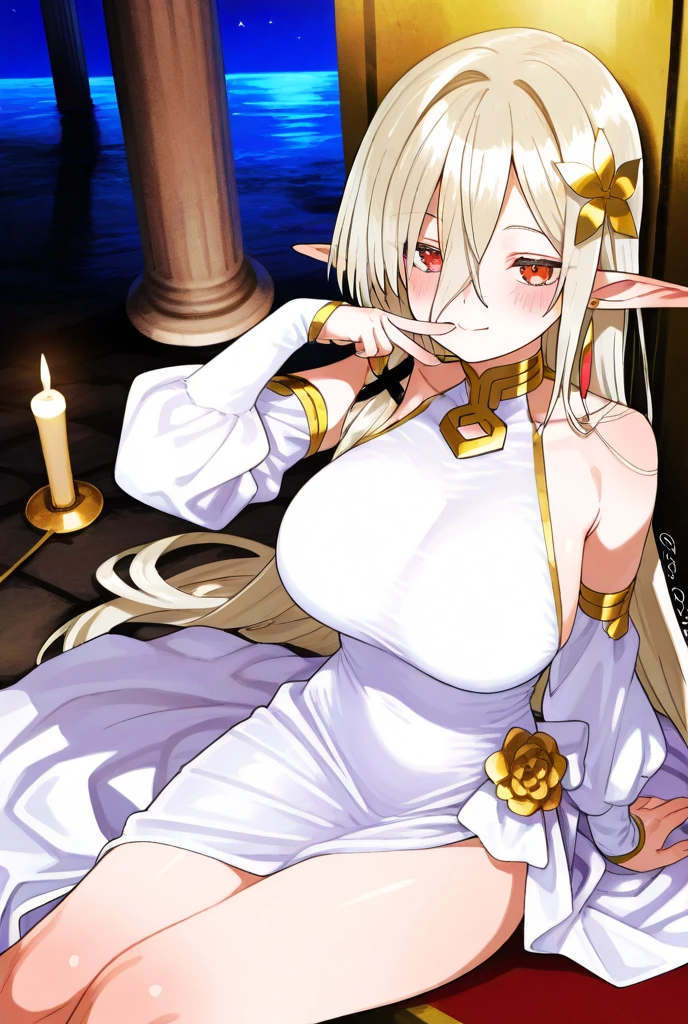 1 girl Big dark-skinned elf, grey hair, hot figure, big beauty, delicate and beautiful face, full body portrait, big eyes, beautiful face, big, transparent tulle, sexy and alluring, plump body, hands on chest, perfect body proportions