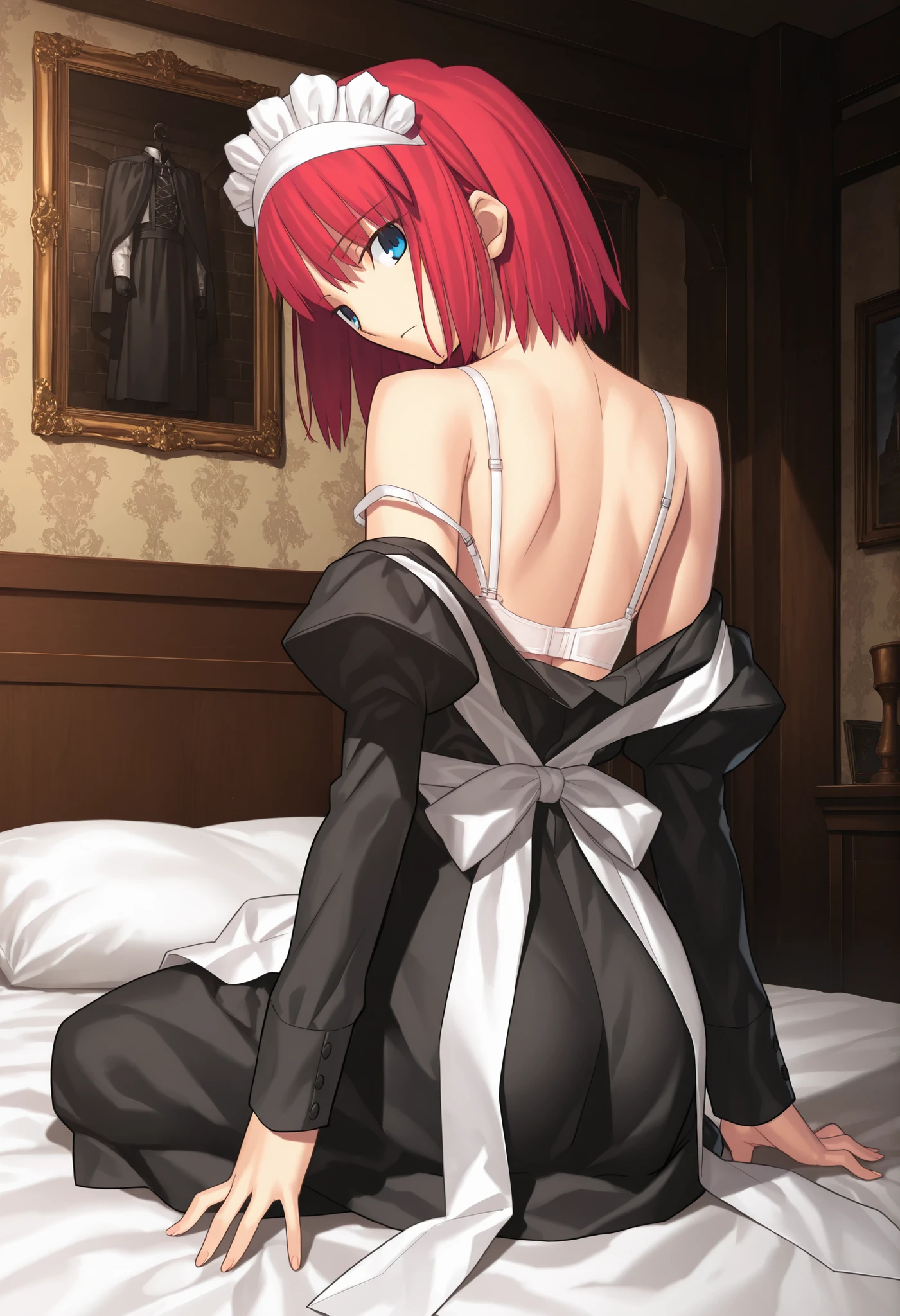 masterpiece, , absurdres, highres, detailed background, high resolution, masterpiece, necessary, detail, best quality, quality, necessary, details, High details, Precise, indoors, bed room, , medieval interior, gothic, from behind, ,                                             
                                                                                                                                                                                                                         1girl, , Takeuchi Takashi (type-moon,tsukihime) style, takeuchi takashi style, solo, sitting on bed, , (head tilt), 
   
girl, (hisui (tsukihime), very light blue eyes, light red hair, short hair, bob cut, maid headdress,  ), (tsurime), (), , ,
(show off back, , ),undress black dress shirt pull, juliet sleeves, collared dress pull, maid apron pull, white bra pull, strap slip, white panties, , small breast, flat chest, expressionless, looking at viewer, , 