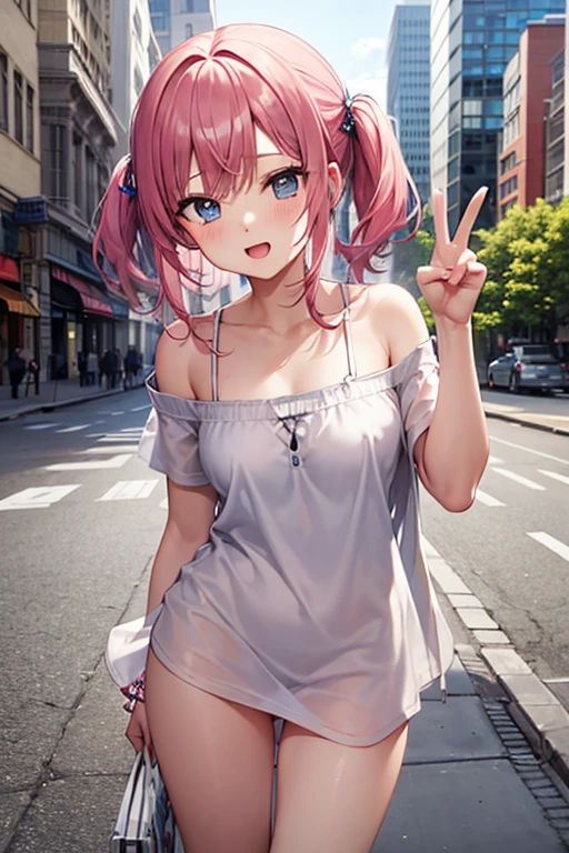 masterpiece, Highest quality, High resolution, Absurd, One girl, crowd, skirt, Pink Hair, gasai yuno, From below, Revealing clothing, Skin Dentition, Outdoor, sunlight, street, View your viewers, blush,