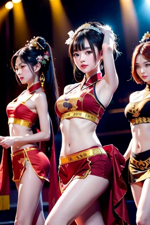 ((masterpiece、Highest quality、Official Art))、Detailed Anime、Idol Concert、Concert Stage、(3人のcute naked girls、Big eyes、Baby Face:1.4、kawaii:1.4、smile、sing、dance、Ribbon headband、Ultra mini skirt:1.2、Oiran、Japanese style idol costume:1.2 )、Exposing the breasts、Hair of different colorr.々Hair style、(((Full nudity、Pussy、cute)))、(Sweat a lot、Glowing Skin)、Anime key visual, ((The characters are unique))