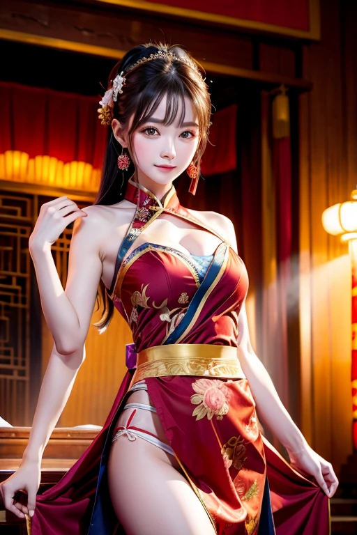 :1.4、Very slim:1.5、Very thin waist:1.4、Beautiful breasts、Raise your arms:1.3、Show your armpits:1.3、harem、Chinese restaurant、((((China dress、leotard type))))、Bobcut