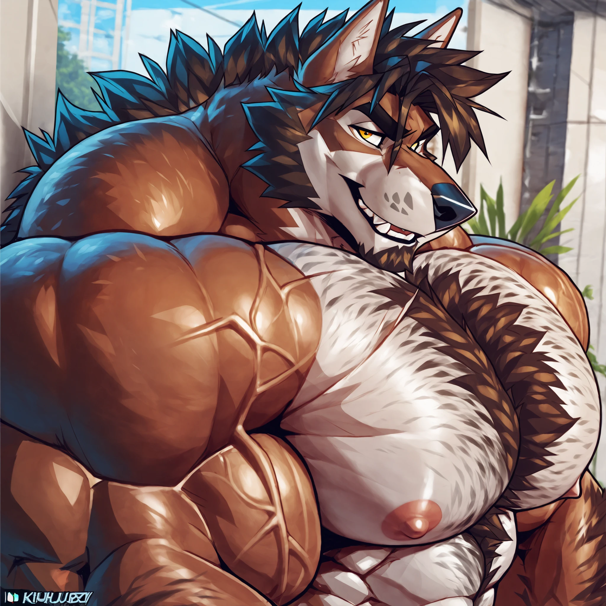 Solo, anthro, male (((cow, brown hair, hair over eyes, muscular, huge muscles, broad shoulders, huge pecs, abs, pink nipples, brown fur, brown body, pink nose, pink inner ear, horns, thick horns, muscular arms, muscular thighs, tail, blue baseball cap, brown penis, huge penis, thick penis, huge balls, saggy balls, ball tuft))) standing, kitchen, flaccid penis, perfect anatomy, full body, by darkgem, by mystikfox61, by glitter trap boy