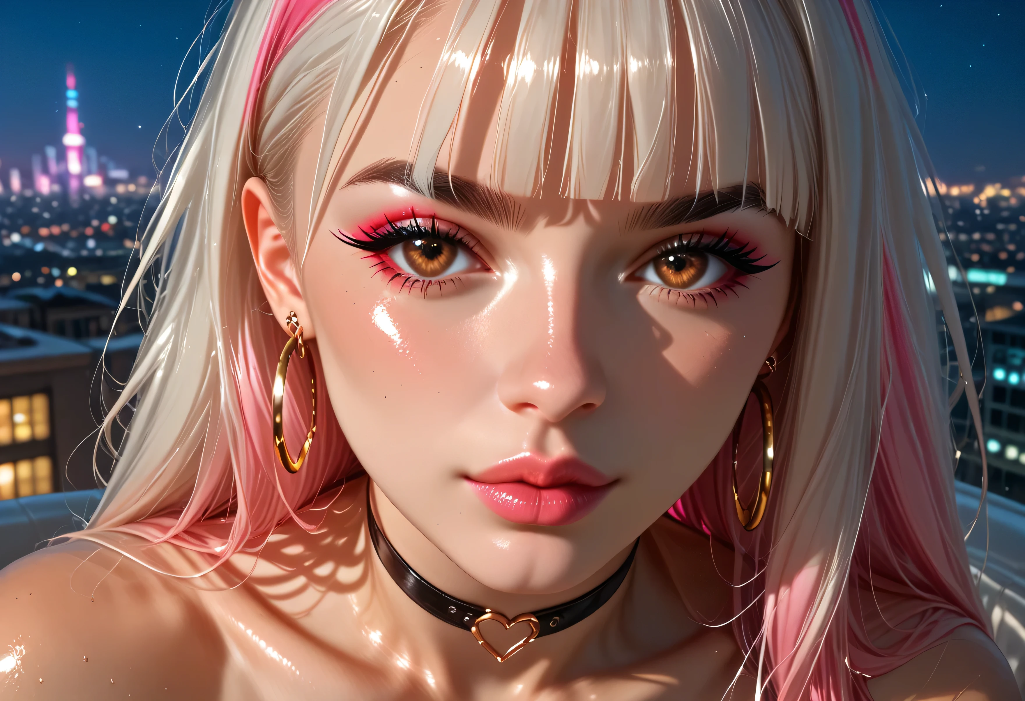hyper-realistic detail, 8K resolution, ultra-sharp focus, dramatic shadows, cinematic lighting, high fashion aesthetic, dark background, glittering skin, platinum blonde hair, highly cinematic, ethereal glow, 8K, depth of field, focused subject, dynamic angle, sexy pose, best quality, detailed eyes, perfect eyes, realistic eyes, white hair with rainbow colours, long hair, rainbow highlights, blunt bangs, thick eyebrows, black eyebrows, brown eyes, mascara, makeup, pink lips, A stunning cyberpunk-inspired female character with a fierce attitude, wearing a stylish pink bralette and glossy high-waisted black leather pants with white side stripes. She poses confidently under dramatic studio lighting, her toned abs and athletic figure accentuated. Her hair is pastel pink, styled in a high bun with soft bangs, large hoop earrings, a bold "LUX" choker, and trendy white sunglasses perched on her head. Hyper-realistic detail, 8K resolution, ultra-sharp focus, dramatic shadows, cinematic lighting, high fashion aesthetic, Stylish, athletic woman with pastel pink hair in a bun, posing on a rooftop at sunset. She wears a shiny silver jacket, light pink bralette, and tight black leather pants. Her skin glows in the golden sunlight as the city skyline stretches behind her. A soft breeze lifts her hair, and her golden hoop earrings catch the light. Confident expression, luxury streetwear, warm dreamy lighting, high-res fashion magazine look
