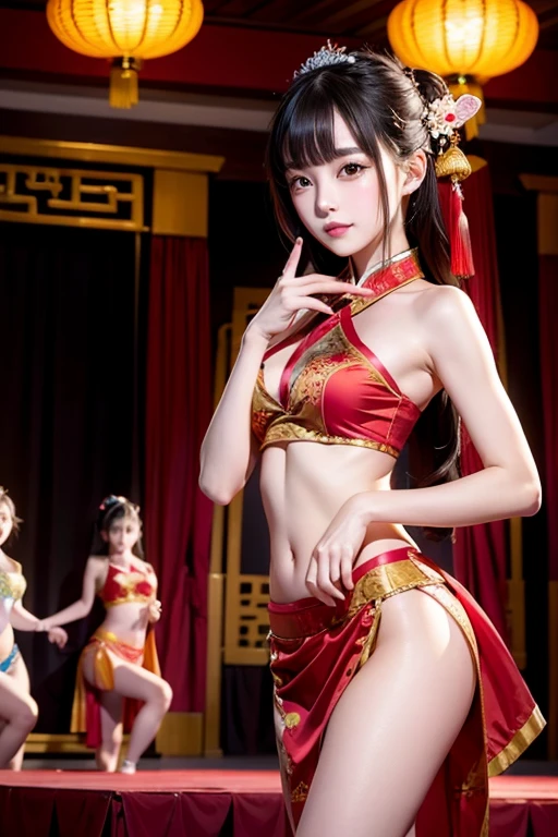 Japan pretty girl, (realisitic, Hi-Res: 1.4), 1 girl, (Natural light), (more face, more hair, More skin), (Middle chest), Big eyes, slender, an legs, mid-waist,(dancing Pose:1.4),(musical wear:1.3),