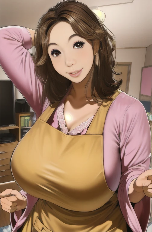 anime、woman、40歳woman、Mother of one 、Big Breasts、Cleavage、Red cheeks、Uplifting、Adult、sexy、Light pink babydoll camisole、Panties、No bra、Staring at the audience、Ask for an audience、Very smile、kitchen、kitchen