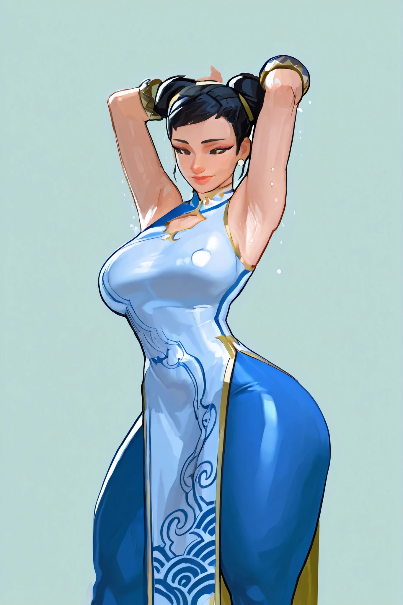 score_9, score_8_up, score_7_up, score_6_up, score_5_up, score_4_up,
BREAK
(masterpiece: 1.0), best quality, perfect anatomy, perfect composition, perfection, Realistic proportions, realistic anatomy,
BREAKchu
use of shape theory, use of anatomy, defined body, defined textures, defined fabric folds.
BREAK
Elegant, graceful, amazing anatomy, perfect form, perfect face, perfect hands, correct anatomy, high res, absolutely breathtaking, color variance, color tones, color contrast, kinu nishimura
BREAK
1girl , solo , long hair , breasts , bangs , large breasts , simple background , Chun-li_SF6, 1girl, solo, black hair, double bun, brown eyes, china dress, blue pantyhose, bracelet, armpits , huge breasts , arms up , lips , wet , skindentation , arms behind head, cowboy shot