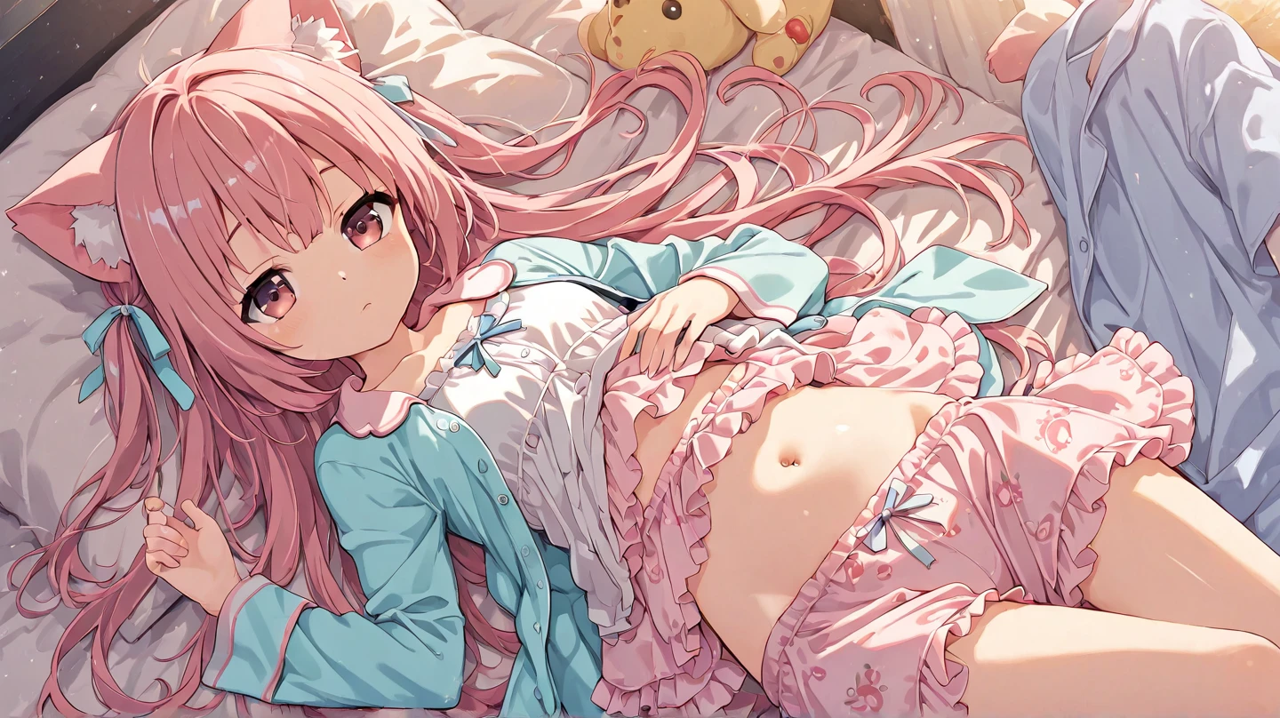 （best quality， masterpiece），full body, 1 girl, solo, mine ,nsfw, details, (Light and shadow oxtail) , Cute girl posing on pillow , pillow humping，(pillow ride), masturbation,  pillow straddling, crotch rub, hump，open mouth , kneeling，（pillow), large pillow, (((colorful))), color correction, pink hair, pink pillow, (((pink polkadot pillow))), (((blue uniform))), (((white skirt))), stocking, brown shoes, hugging pillow, 1 pillow, body pillow_object)