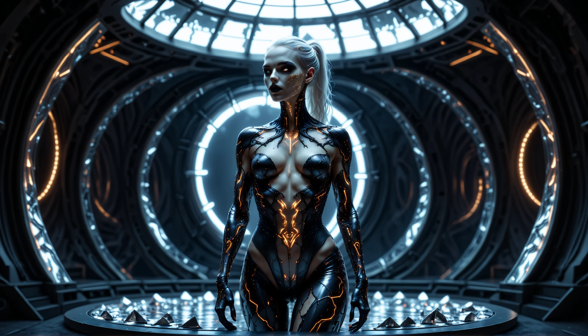 cybernetic corruption, seductive cybernatic vampire, Mirror Chamber: A lone vampire with mirrored chrome skin tattoos, pearl‑white hair in a high ponytail, wearing a reflective bodysuit of liquid metal. She stands in a circular chamber of rotating mirror shards.