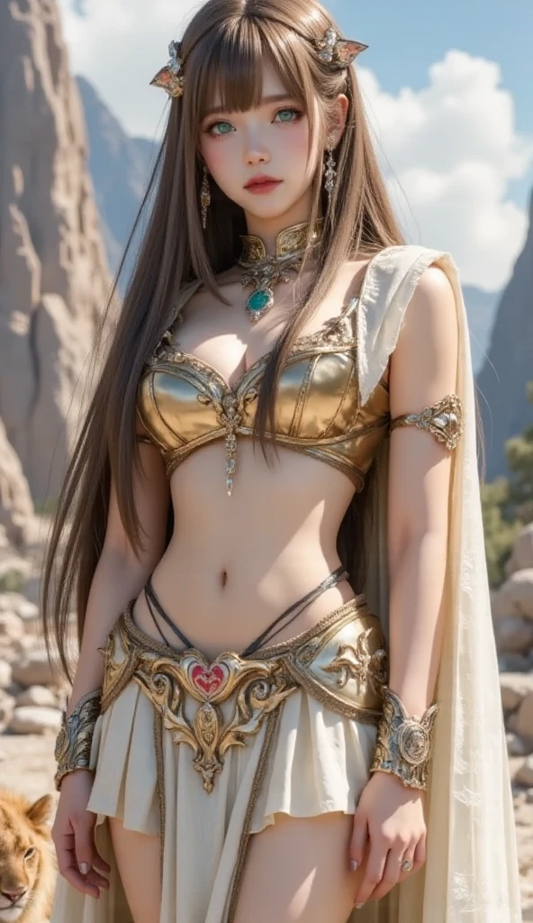 (heavy breasts)、top-quality、masterpiece、超A high resolution、(metal white dragon armor)、(((Colossal tits))),dragon armor、(((Detailed Micro Bikini))),(Wear a beautiful crown made of intricate gemstones),(Photorealsitic:1.4)、Raw photo、女の子1人、(((Random hair))、(((Take different poses)))、glowy skin、(((Chinese Dragon)))、Intricate and ornate hair ornaments、(Gorgeous Jewelry Necklaces)、(Mystical expression)、(Full Body Angle)、((Light red hair)),(Fight big dragons)、(metal metal bikini)、(((Sahara desert background)))、Precipitous cliffs)、((super realistic details))、portlate、globalillumination、(sexypose)、Shadow、octan render、8K、ultrasharp、Colossal tits、Raw skin is exposed in cleavage、metals、Details of complex ornaments、Japan details、highly intricate detail、Realistic light、CGSoation Trends、Blue eyes、radiant eyes、Facing the camera、Toostock、(Full Body Angle)、(veils)、(((desert background)))、highcontrast、((Inside the oasis)),blue open sky、Sky Blue Sky、