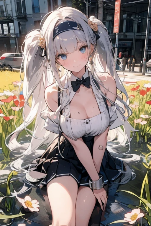 realistic image, detailed image, coherent image, 1 beautiful girl, she has very long hair, white hair with blue stripes. Her eyes are heterochromic: the right eye has a light blue iris and a drop-shaped dark blue pupil, while the left inverts the color combination. Smiling expression. She is wearing a strapless top, a cardigan, plaid pleated miniskirt, sneakers, She has a curvy body, small breasts and thick thighs, She is posing sensually, arching her back, French atmosphere, surrounded by a park, surrounded by flowers. Soft focus, Dramatic shadows, Volumetric lighting, natural lighting,heterochromia,