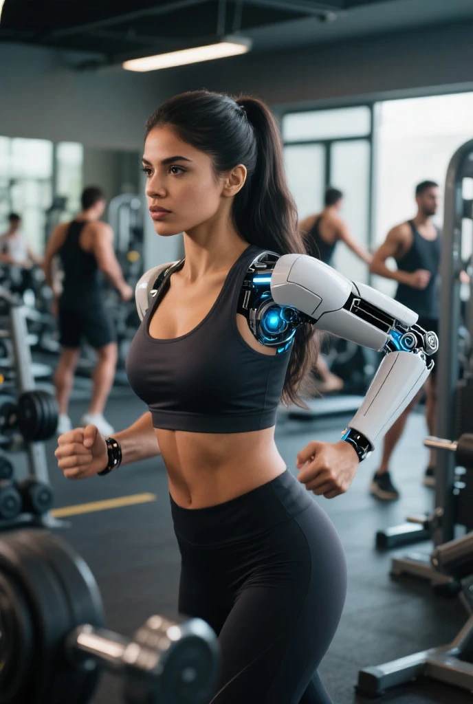 cinematic photo  a bald woman with electronical brain in a gym, full body <lora:Sophia1024-000375:0.8> <lora:add-detail-xl:1.5> . 35mm photograph, film, bokeh, professional, 4k, highly detailed