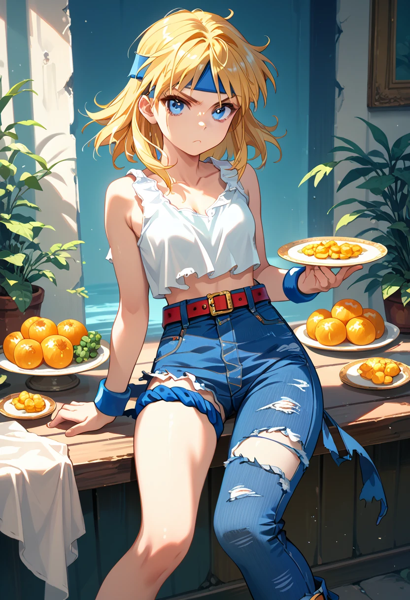 Masterpiece, Best Quality, high resolution, pier and sea in the background, A girl, alone, blue eyes, short hair, sky blue, blue bangs,funny look, sitting on the dock, smiling, work (pokemon), (golden comb in hair), the White shirt, bare shoulders, blue pants, legs stretched and apart, barefoot, soles colgando , head on, (soles), (view from the ground up) pies head on