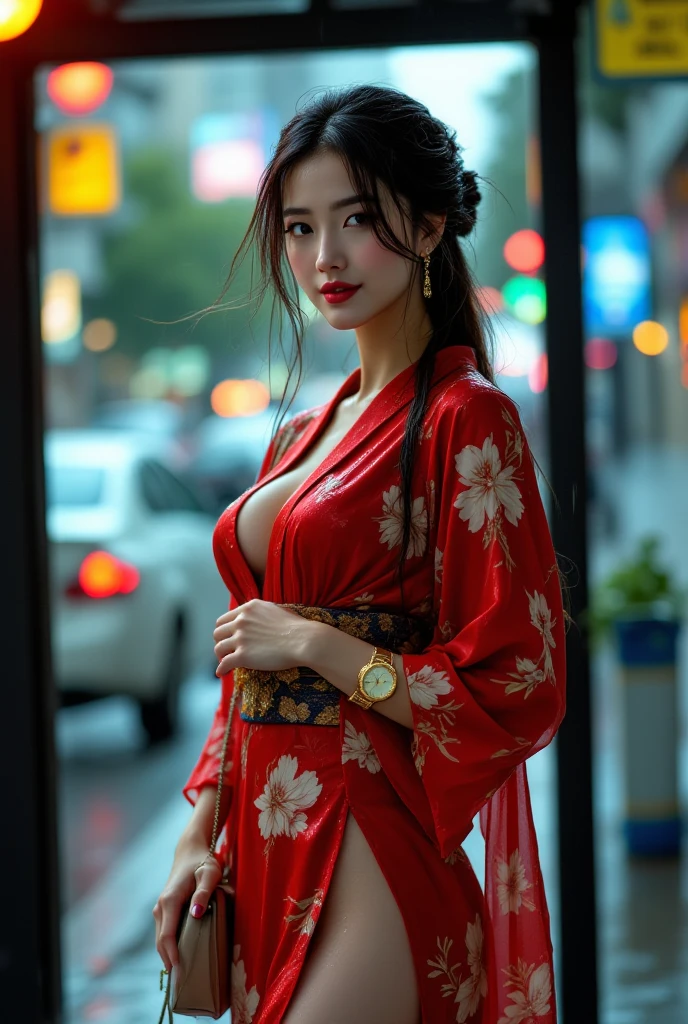 Floral bikini, (1 young Beautiful girl), big smile, (8K, RAW Photos, Best Quality,:1.2), Highly detailed CG unified 8K dendenden wallpaper, High definition RAW color photos, Professional Photography, Cinematic lights, (Fine face:1.2), (Best Quality:1.2), ((cleavage:1.2)), (Beautiful breasts:), (Sexy and gorgeous floral kimono:1.5), Bare shoulders,
