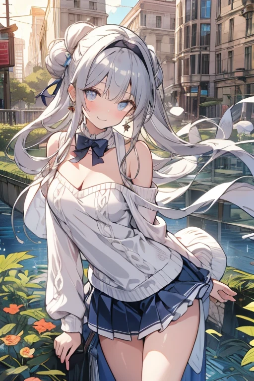 (Highest quality:1.2, three-dimensional, High Detail, masterpiece:1.2, Best aesthetics), (1 girl), Beautiful woman, Beautiful detailed eyes, Beautiful detailed lips, Highly detailed face, Delicate depiction of hair and eyes, Detailed Fashion, (detailed background:1.2) ((Portraiture, Cowboy Shot)), Aqua Eye, huge ahoge, Mouth open, Earrings, View your viewers, big breasts, upper body, full body from knees to head, gaze away, gaze into the distance, smile lightly, fancy nails, bracelet, medium hair, yellow color inner hair, white hair, separate, cheerleader, frilled skirt