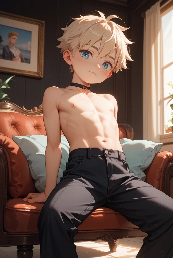 Male, slim, Cute, bright eyes, Short blond hair, in bedroom , looks shyly at the viewer, naked male cheast, shorts, squatting