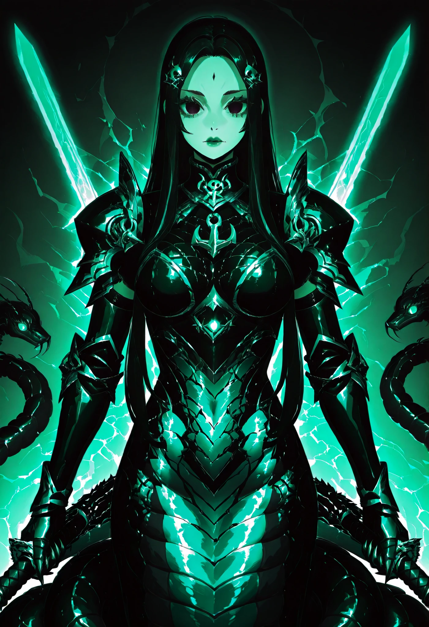 Lamia style girl. Centipede body. Black snake. Green scale pattern. Black hair ornament. Armor knight. Bright hair. Long hair. Asymmetric eyes. Snake eyes. Snake skin face. Anchor charm on collar. Black armor. Purple decoration. Holographic crack costume. Sharp claws. Holding weapon. Chainsaw sword.