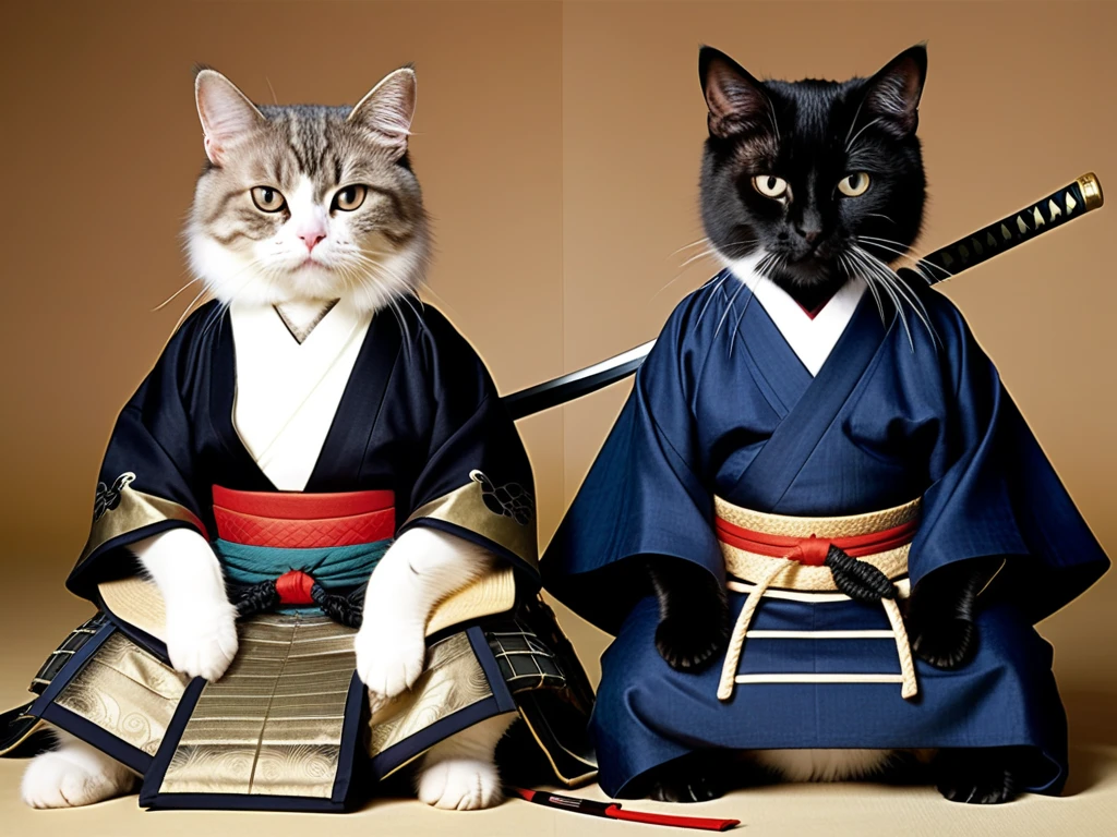 Two cats 、Samurai Outfit、1 is sitting、1 is bipedal、from below、Period drama style 、cute、masterpiece、Highest Quality、uncensored