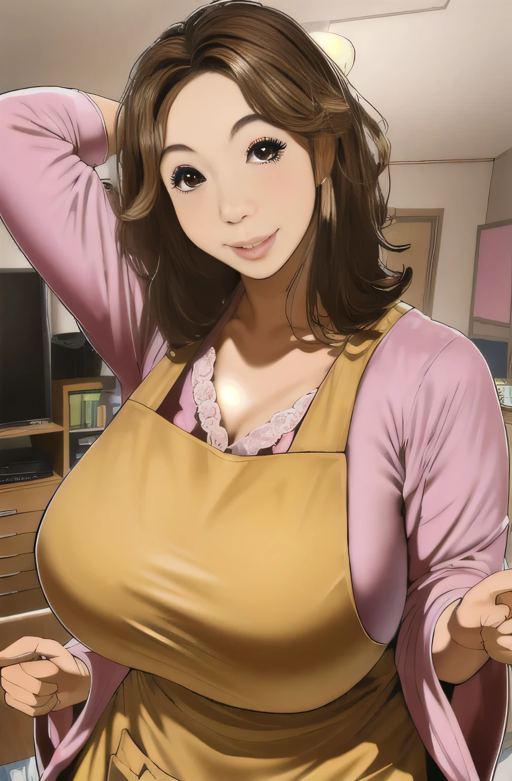 4. Japanese women,Voluptuous figure,Brown curly hair,Big Eyes,smile,Slight wrinkles around the eyes,Pink Apron,Put your hands behind your back,Messy room,living room