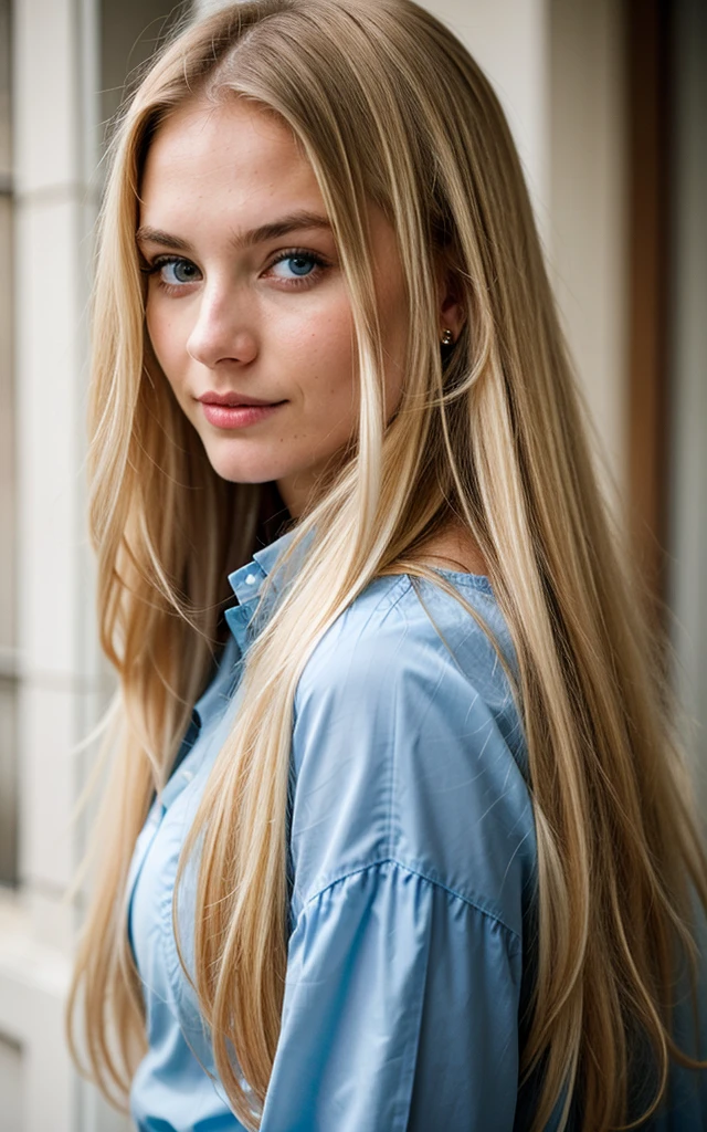 long hair, blonde, 20 year old, blue eyes, delicate face, fashionable, outdoors