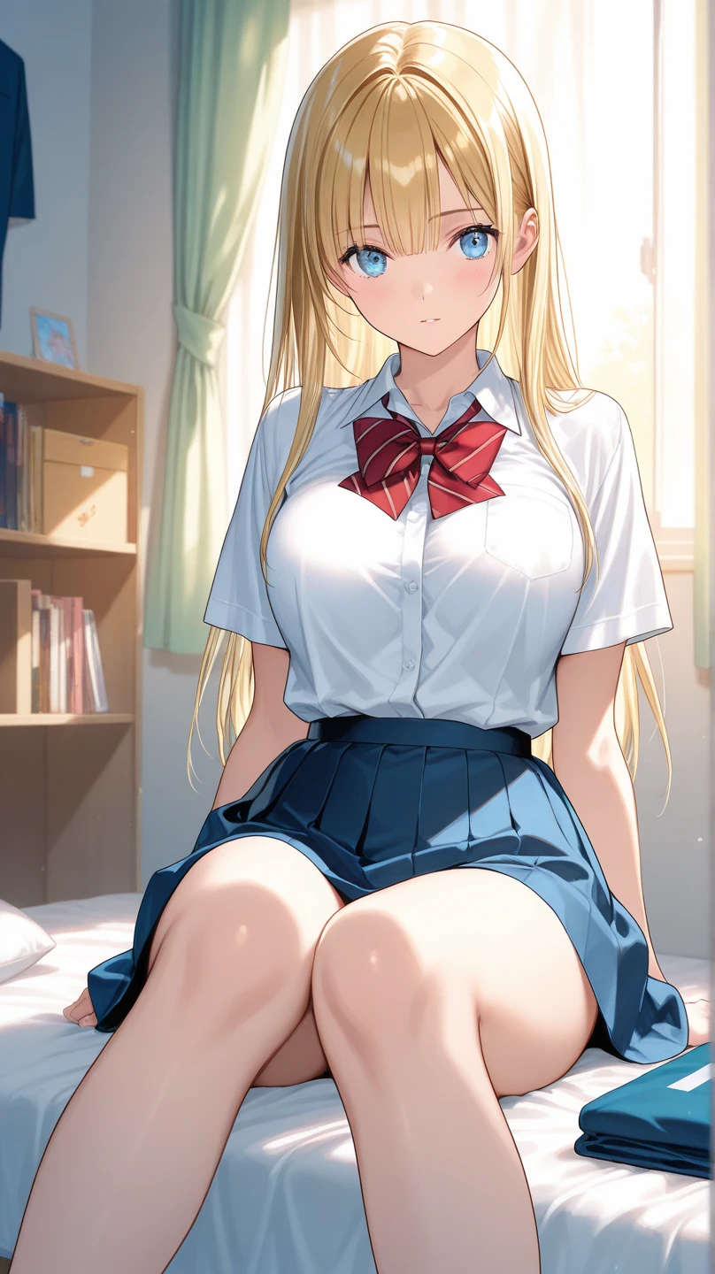 highest quality、one girl，full body figure、15 years old、big boobs、big 、Perfect five-finger、perfect legs、perfect legs、Mahiru Shiina、perfect thing、detailed description、small details、detailed face、mini skirt、plaid skirt、long hair、blonde、White panties、whitepanty、I can see your panties、school uniform、high school uniform、Skirt flip、lift skirt、Bed、M-shaped legs、summer clothes、White shirt、plaid skirt、shirt sleeves、white socks