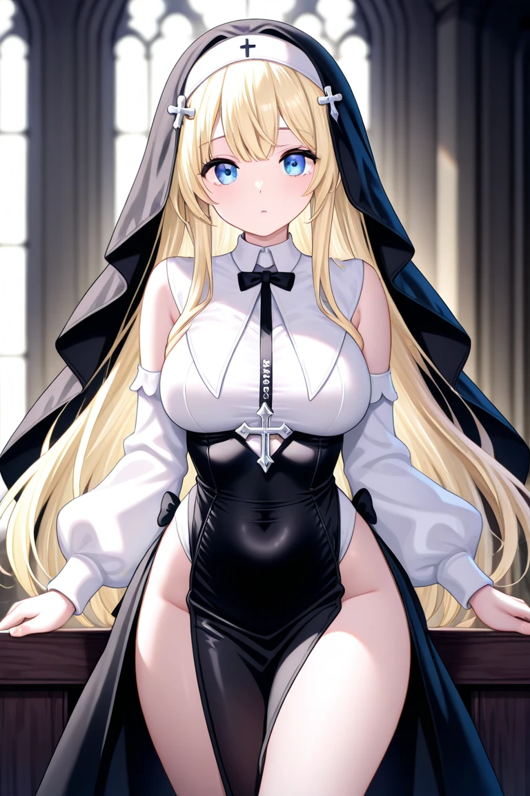 score_9、score_8_up、score_7_up、Source Anime、Rating Safe、Very intricate stained glass background、Intricate details、Anime Screencaps、Official Style、、Maria、Blonde Hair、blue eyes、Nuns、Habit、Black Dress、necklace、Medium Breasts、Looking at the viewer、Hip、whole body、sitting in church、Mature Woman、blush、Sad expression、barefoot、Open your mouth、Five Fingers、(Feet Focus、From below、Five Fingers:1.3、Detailed feet、only)、(Sole)、Hands to the side、