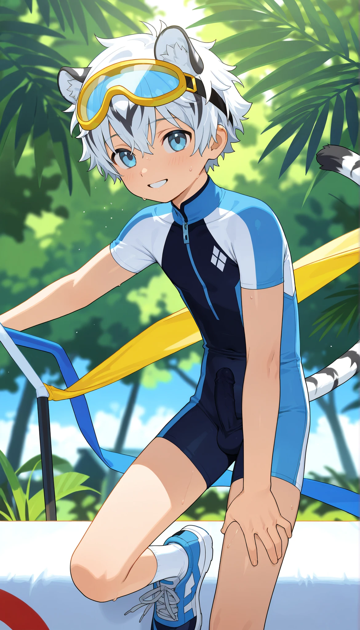 a boy, short hair,cute,一个棕发的穿着白色裤袜的 Shota, wearing goggles on the head, White Tiger Ears , masterpiece, best quality ,male focus, Shota,summer,Short sleeve,cowboy shot,Little Hero,happy,(( white socks)),sneakers,shota wearing a white form-fitting one-piece wrestling suit with a futuristic design featuring blue and white colors along with stylized graphics. The person's left hand rests on their torso, capturing the length of the body. The background shows a striped bedspread and indoor surroundings. Natural lighting softly illuminates the scene from the left, with a calm and relaxed atmosphere,with a raised vertical erection on the crotch,moaning