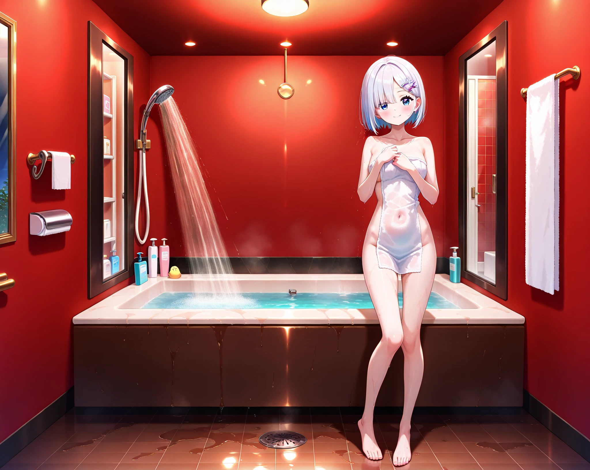high resolution、masterpiece、Public bath、 Girls、slender、Small breasts、Silver Hair、Bob、Shaved、whole body、Wet、Pussy、side、clavicle