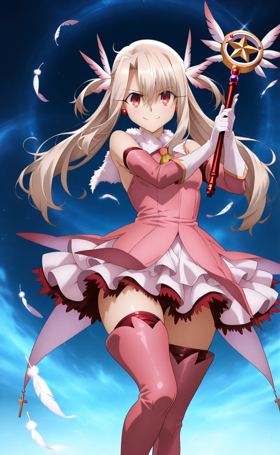 (score_9,score_8_up,score_7_up),(cowboy shot),looking at viewer,1girl,loli,illyasviel von einzbern,fate \(series\),white hair,red eyes,long hair,twin tails,hair ornament,feathers,pink dress,elbow gloves,magic girl,pink thigh Boots,standing,simple background,white background,serious grin,standing,holding ruby-wins-staff,mansion,((flying)),(dynamic angle,speed line,motion lines),