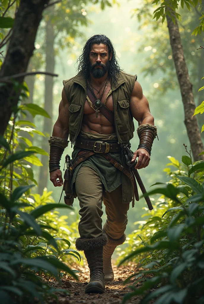 A PNG man wearing a army green jean holding a stone axe, standing in the middle of the tropical rainforest has a tattoo on his chest name LAPUN, has a smoldering looks