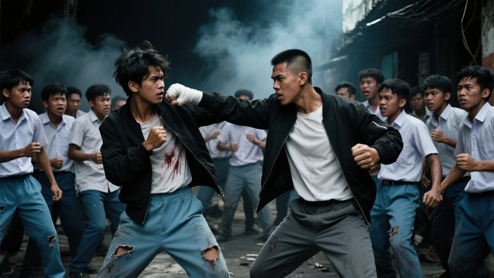 Photo of a group of extremely handsome, 15-year-old, muscular, tattooed, necklace-wearing, high-tailed young men, street scene, gangster style, romance, Hong Kong cinema, knives, guns, spears, clubs. Their eyes are filled with sadness and longing. The background is a trail of blood and violence. Cinematic lighting, high detail, 8k, artstation, conceptual art, dark fantasy. Photo taken with a Canon EOS R5 85mm f/11 camera, ((sharp)) mode of people and surroundings. Image quality ((8K)), ((realistic)), ((masterpiece)), ((sharpest and highest contrast)), ((excellent depth of field)), ((stereoscopic lighting)). ((angry, ferocious)), detailed pores, ((Direct facial lighting)), bright sunlight.