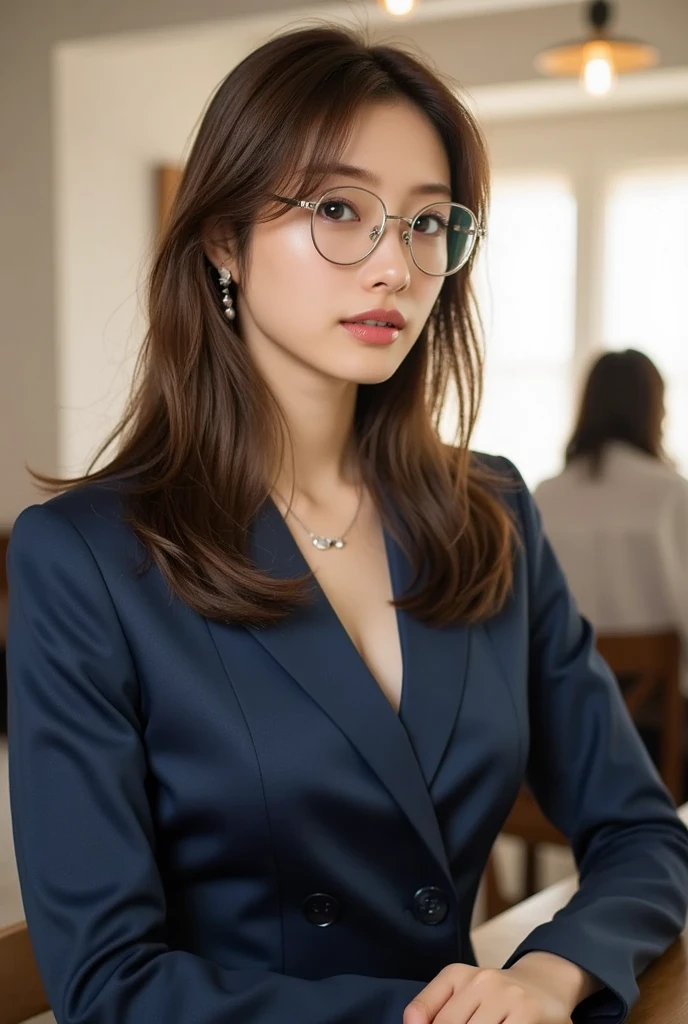 photo,uncensored, perfect lighting, rating_safe,cute female,
upper body,detailed background, curvy figure, cleavage, (smile:0.7),secretary, suit,colro
inside,office,glasses, pose,