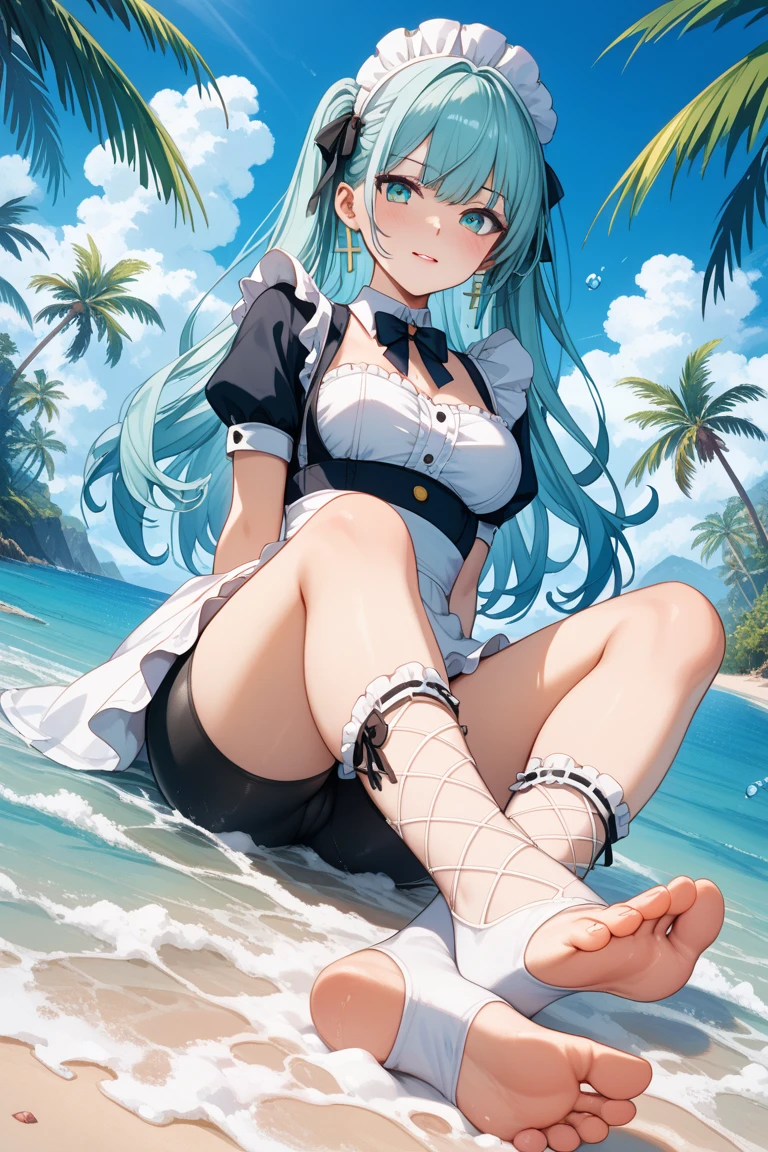 masterpiece, best quality, highres, bbkiyo, long hair, (green hair:1.2), white horns, hair flower, yellow eyes, detached collar, cleavage, school swimsuit, blue one-piece swimsuit, elbow gloves, white gloves, white bow, <lora:kiyohime_(lancer)_v1:0.7>, beach, wariza, sunlight, <lora:SeN-Style_baked:1>