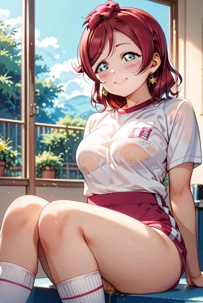 Red hair ponytail、Yellow Eyes、High school girls、Wet and see-through gym clothes、Big Breasts、Grin、Sweat:1.5