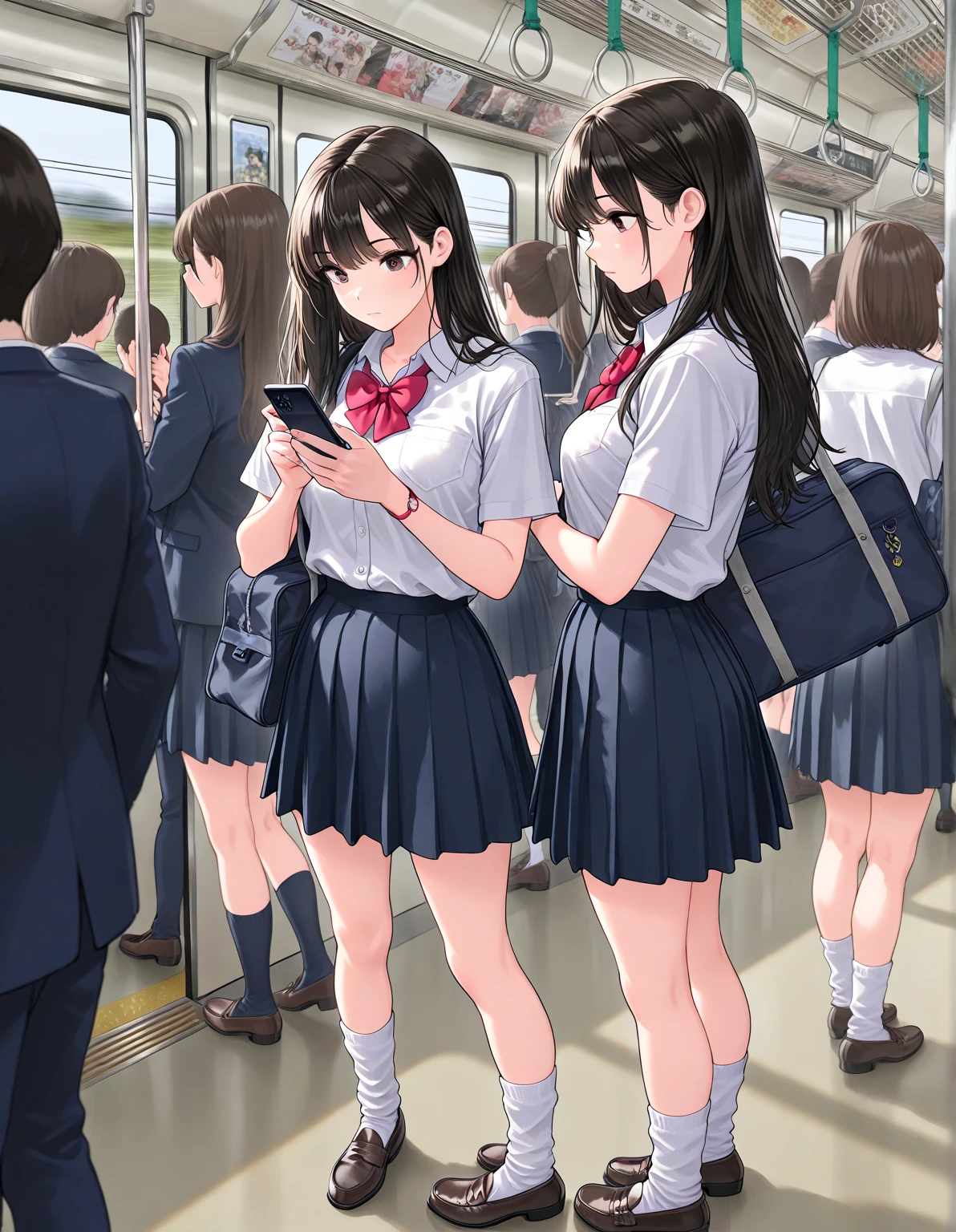 crowded train、high school girl、Summer clothes