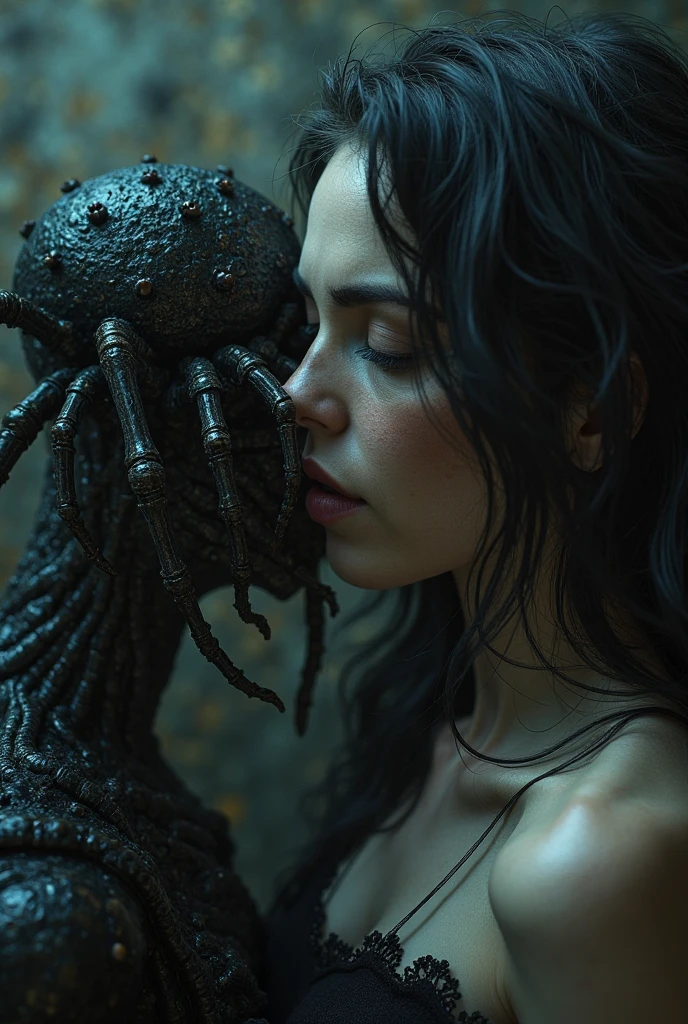 (extremadamente detallado, obra maestra, La mejor calidad), Estilo oscuro, intense illumination, rostro con arrugas, mujer crucificada, tentacle, monstruoso, interior de una piscina de agua verdosa, imagen submarina, alien con Colmillos finos. manchas de tinta. Rococo composition. Luz de caravaggio
