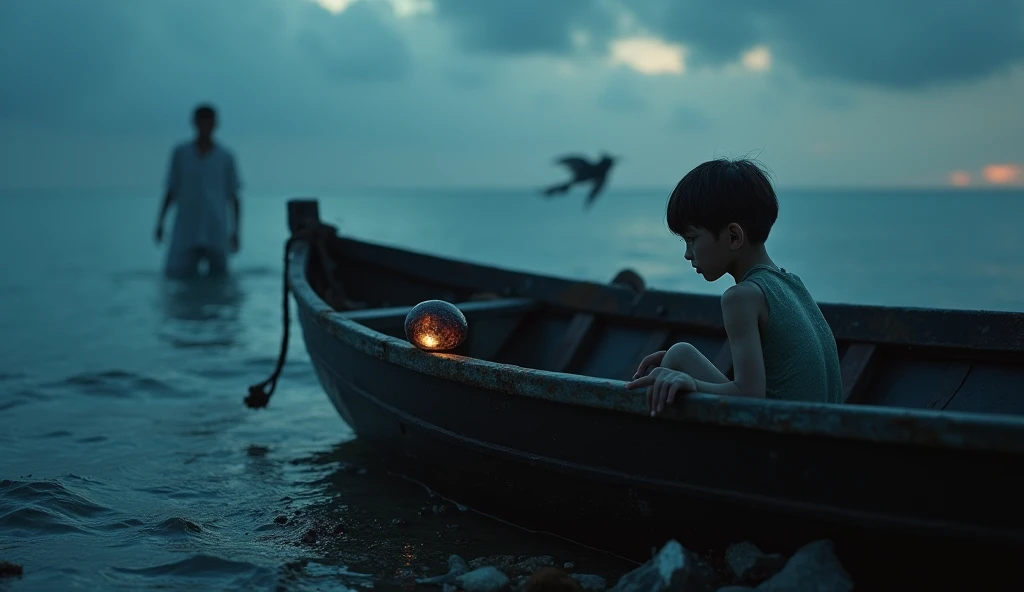 In the deep sea，Black broken hair，A little boy tied to a cross，It is surrounded by white bones
