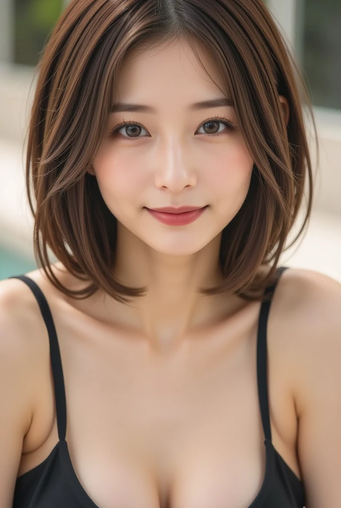 masterpiece, best quality, ultra high resolution, (lifelike:1.4), Detailed beautiful face, Detailed clothes, stunning european woman, wearing a bikini, Super cute, closeup portrait, Beautiful perfect face，soft skin，perfect face,bob cut  hair, 8K resolution,surreal,Super detailed,high quality, (huge breasts, Huge cleavage:1.2), 