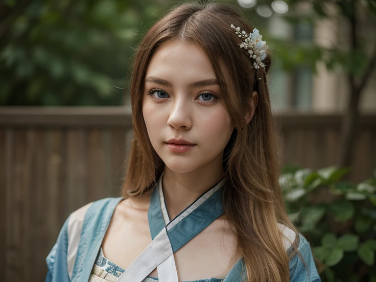 (masterpiece), high-definition Hanfu women, European and American face, perfect face, long blonde hair, blue eyes, very charming.