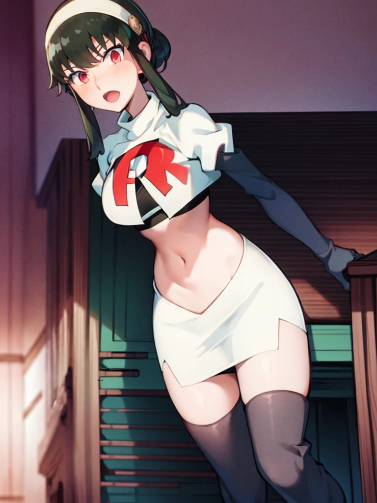 absurdres,venti,1boy, male focus, trap,black hair, green-blue hair, hair braid,hair flower,aqua green eyes,crossdressing,1boy,team rocket,team rocket uniform,white skirt,red letter R,crop top,black thigh-highs,black elbow gloves, embarrassed, blush