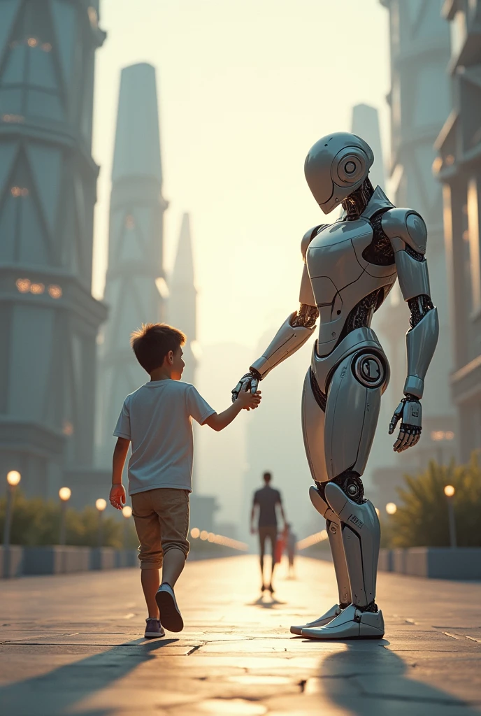 Best quality, anatomically correct, futuristic tall humanoid robot shaking hand with a little kid, the little kid looks happy, futuristic environment