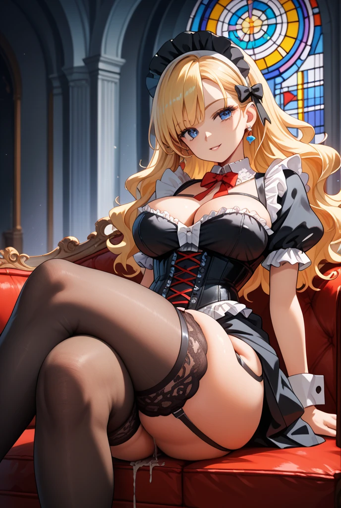Anime, a glamour shot of a smiling MILF, wavy hair, busty, big ass, Standing demurely with her legs crossed in a bedroom, long sexy legs, leaning toward the viewer, with Smokey eyes and knowing smile wearing a revealing corset, lace stockings, insanely detailed face and eyes, intricate, hyper-detailed bedroom, digital illustration, masterpiece, beautiful eyes, atmospheric lighting, centered, perfect anatomy, glowing eyes, candid portrait, clear, very detailed, smooth, sharp focus, focused on the viewer, facing the viewer