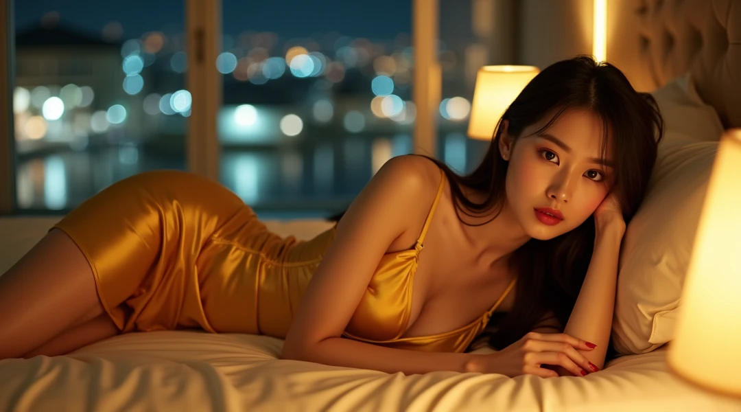 a mature woman, lying pose, non-revealing dress, random color, by window, detailed facial features, beautiful eyes, long eyelashes, realistic skin, Beautiful legs, The whole body photo, intricate folds of dress, soft natural, photorealistic, 8k, masterpiece, cinematic, high quality,