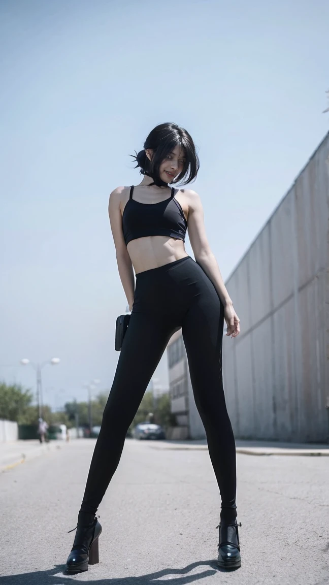 garota de anime, Linda, realista, melhor qualidade, Full HD, rosto detalhado, corpo detalhado, cabelos lisos, cabelos brancos, Cabelos Longos, ombro pequeno, Small thorax, middlebreasts, cintura fina, quadril largo, pernas grossas, top preto, sem mangas, barriga de fora, black legging pants, middlebreasts, pernas grossas, seios para fora, (standing on her feet) tight black legging pants, coxas grossas, seios grandes,  tight black legging pants, high waist legging pants,  cabelos lisos, cabelos grandes, tight jeans