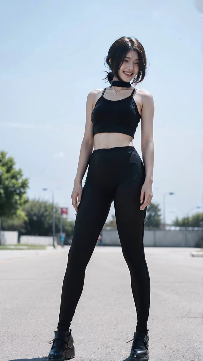 Pale skin, flowing black hair, black tank top, ((black spandex leggings)), ankh around neck, sitting on a park bench