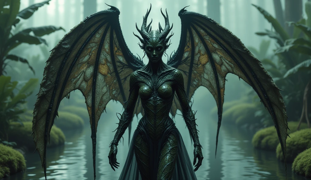 A dark mass in which a mage dressed in a buck's head and bones draws strength from a green fire expand her body giving black green reddish wings make