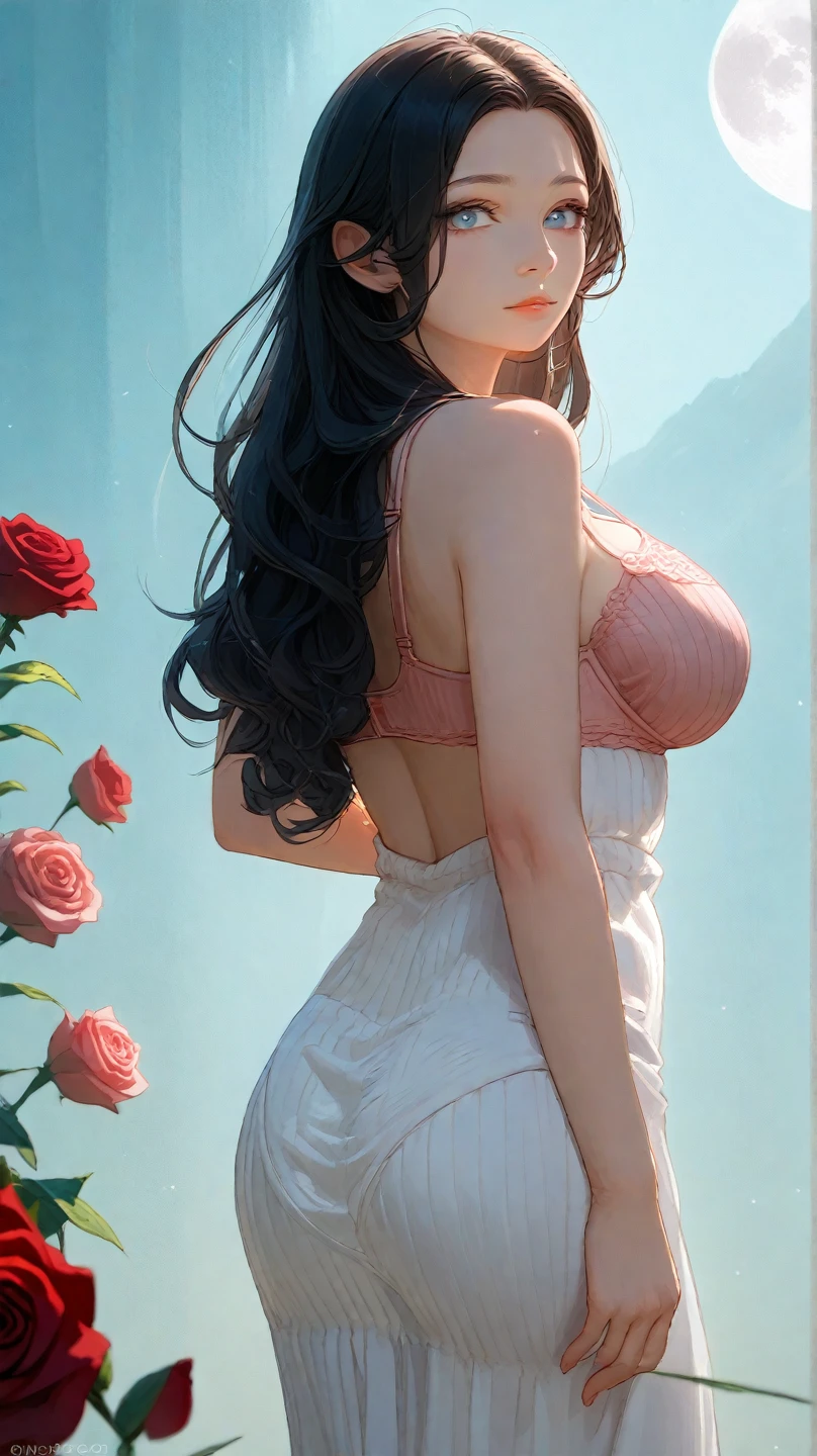 Myanmar girl big asyanmar summer dress with a wide open back、The flower painting is very detailed, Soft lighting effects, Cinematic look, Beautiful Hair、Sticking out her buttocks to show to the viewers