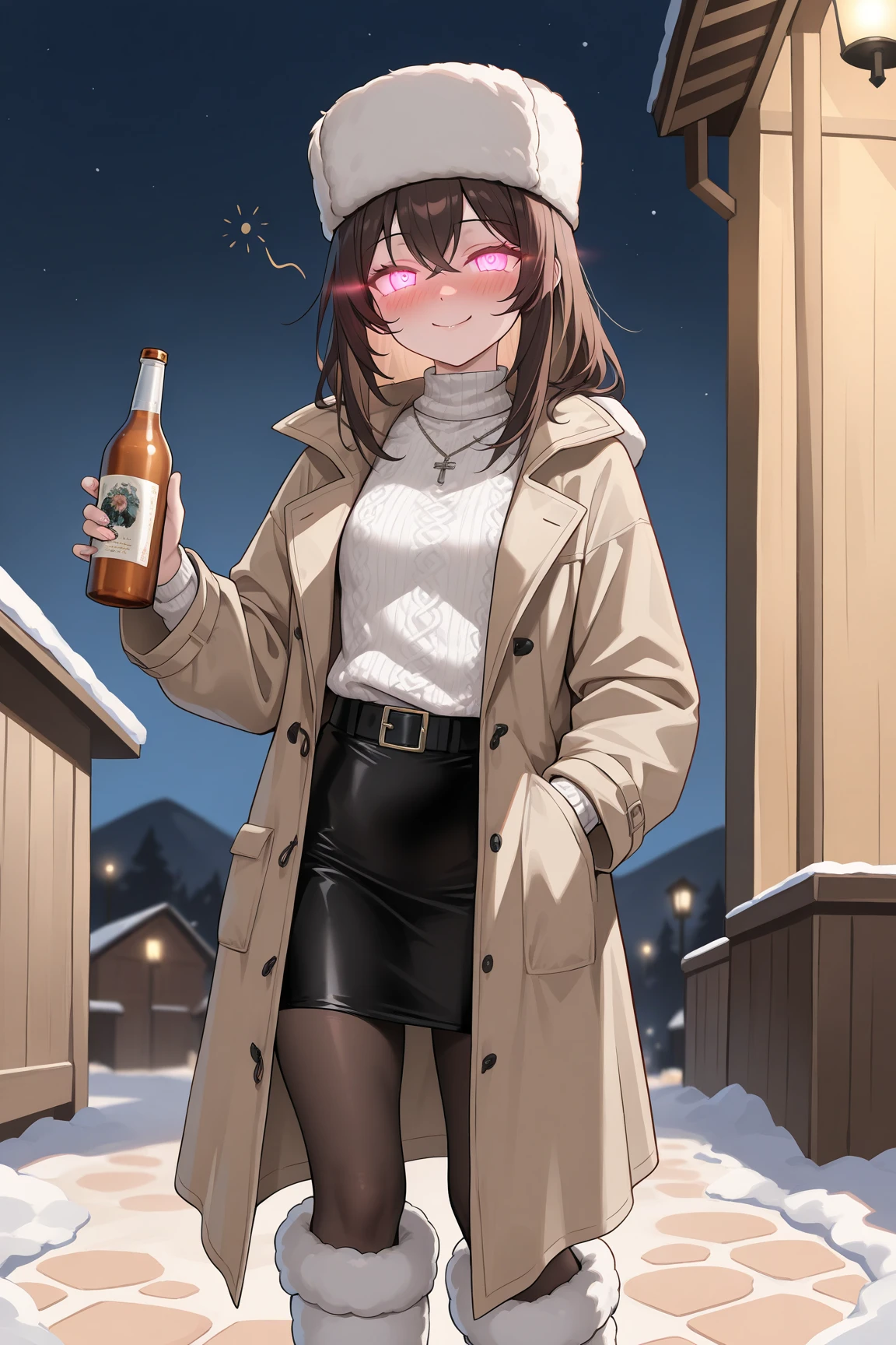 masterpiece, best quality, very aesthetic, absurdres, newest, 1girl, solo, asymmetrical bangs, tareme, looking at viewer, blush, drunk, short hair, brown hair, shirt, long sleeves, holding, green eyes, standing, jacket, outdoors, multiple boys, sky, solo focus, belt, pants, bag, scarf, coat, night, bottle, night sky, brown jacket, jeans, white pants, holding bottle, yellow scarf, orange scarf, alcohol