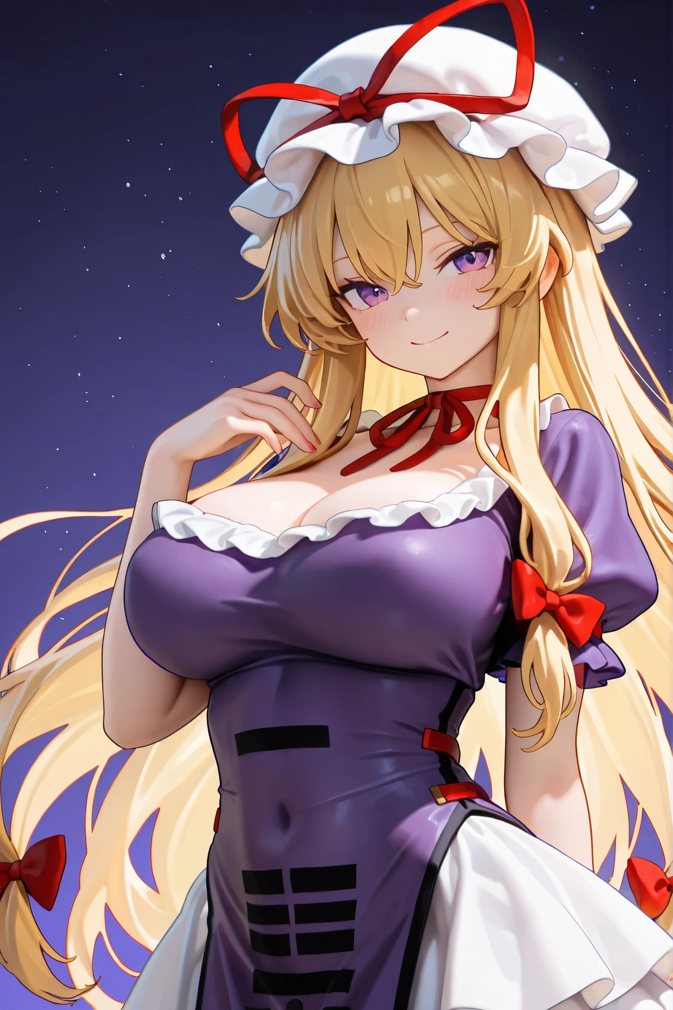 masterpiece, best quality, 1girl, solo, yakumo yukari, adult, white mob cap, blonde hair, (solid eyes), black eyes, ribbon, red bow, purple dress, cleavage, white elbow gloves, large breasts, looking at viewer, smile, licking, empty look, w arms