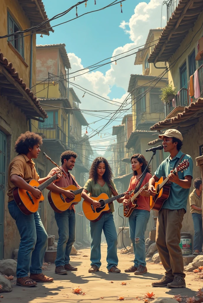 {
  "prompt": "In a Grand Theft Auto (GTA) video game style, standing electrity post cable wire hanging depict a scene in a vibrant, yet slightly gritty urban Pinoy Philippines slum environment. Show a group of 6 male wearing Slippers people aged 20 to 30 standing in front of a run-down slum place villages the other guy playing a guitar some are singing some are sitting with beers bottle scrap cans broken beer bottles debris waste infront is written the word RNT
