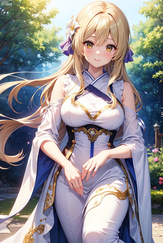((blonde:1.2)),(long hair with curls:1.3),(blue eyes:1.4),(Eye size:1.5),(tradition of Alsatian accessories:1.3),((Alsatian costume fashion:1.4)),(Background full of blooming flowers:1.5),(blush),(upward glance:1.3),(small breasts:1.4),(focus on face:1.3),((look up:1.25)),(fashion color White、darkBlue、purple、red:1.3),(smile:1.2),(whole body:1.6)